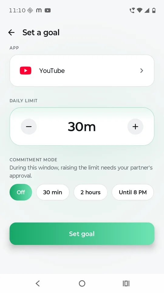 Setting a goal: choosing YouTube, a 30 minute daily limit, and a commitment window during which raising it needs partner approval.