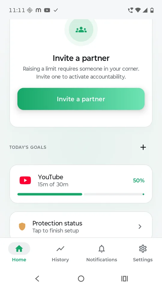 Inviting a partner to hold you accountable, above the list of today's goals and progress against each limit.