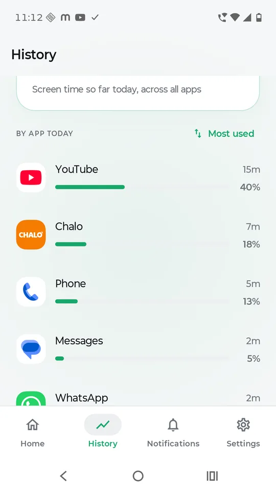 History: today's screen time broken down app by app, sorted by most used, with a percentage against each.